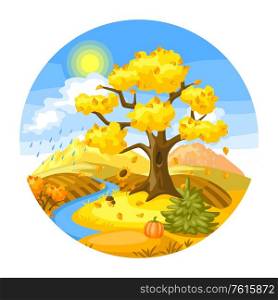 Autumn landscape with trees, mountains and hills. Seasonal nature illustration.. Autumn landscape with trees, mountains and hills.