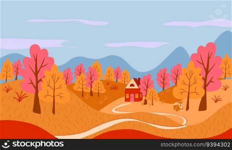 Autumn landscape with trees, mountains, fields, fox and house. Countryside landscape. Autumn background. Vector illustration. Autumn landscape with trees, mountains, fields, fox and house. Countryside landscape. Autumn background.