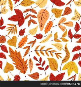 Autumn leaf fall seamless pattern. Background of bright colorful falling leaves. Foliage beautiful print for textile, fabric, paper, design, vector illustration. Autumn leaf fall seamless pattern