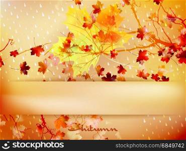 Autumn leave made of triangles, geometric shapes with raindrops background. And also includes EPS 10 vector