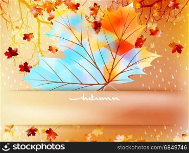 Autumn leave made of triangles, geometric shapes with raindrops background. And also includes EPS 10 vector