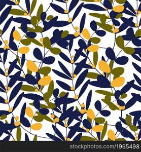Autumn leaves and branches, foliage and greenery of autumnal season. Twigs and botany, flora and botanic elements, trendy ornaments for fabric. Seamless pattern, background or print, vector in flat. Floral seamless pattern with autumn branches leaf