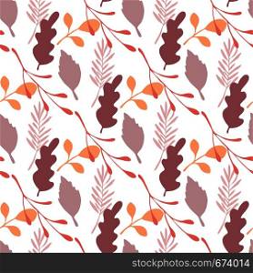 Autumn leaves and branches vector seamless pattern on white background. Backdrop flat style for textile or book covers, wallpapers, design, graphic art, wrapping. Autumn leaves and branches vector seamless pattern on white background.