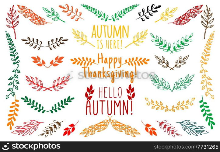 Autumn leaves and floral elements. Flourish dividers, ornate borders or separators, vector botanical decorations or outline embellish set with trees foliage, bushes branches and color leaves.. Autumn leaves and floral elements, line borders