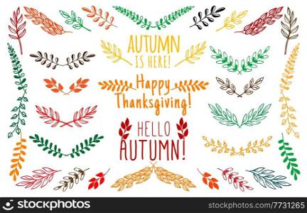 Autumn leaves and floral elements. Flourish dividers, ornate borders or separators, vector botanical decorations or outline embellish set with trees foliage, bushes branches and color leaves.. Autumn leaves and floral elements, line borders
