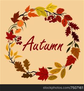 Autumn leaves and flowers wreath with colorful tree leaves, herbs, flourishes and viburnum fruits on background . Autumn leaves and flowers wreath