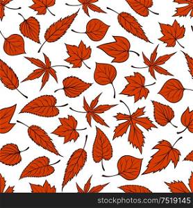 Autumn leaves background with seamless pattern of orange fallen leaves of autumnal trees and plants. Floral decoration and autumn nature themes design. Orange autumn leaves seamless pattern background