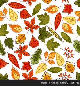 Autumn leaves background with sketchy seamless pattern of orange, yellow and green foliage of maple, oak, chestnut, birch and elm trees, bushes and herbs. Autumnal nature theme design. Autumn leaves seamless pattern for nature design