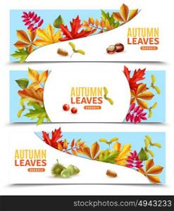 Autumn Leaves Banners. Horizontal flat banners with autumn leaves chestnuts berries and acorns isolated on white background vector illustration