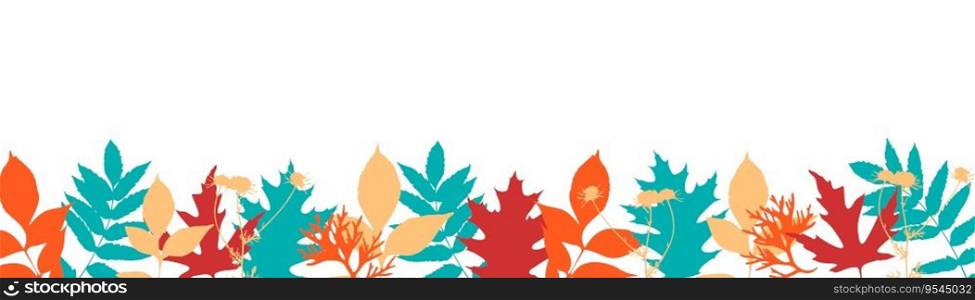Autumn leaves border. Horizontal botanical decor, nature banner. Flat graphic vector illustration isolated on white background.
