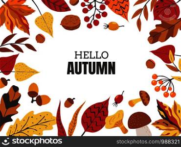 Autumn leaves frame. Decorative borders with fall foliage for greeting cards invitations and posters. Vector hand drawn banner fall autumnal leaf for colorful background sales or special voucher gifts. Autumn leaves frame. Decorative borders with fall foliage for greeting cards, invitations and posters. Vector hand drawn banner