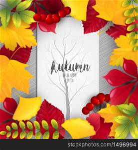 Autumn leaves frame with tree silhouette on center paper.Vector