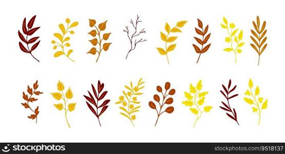 Autumn leaves, herbs, twigs, all hand-drawn. Simple doodle retro design. Eco, bio, organic romantic symbols. Collection of clip art elements. Hand drawn bright autumn leaves and twigs