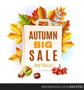 Autumn Leaves Illustration. Autumn big sale and colorful fall leaves chestnuts and rowan behind bag flat vector illustration
