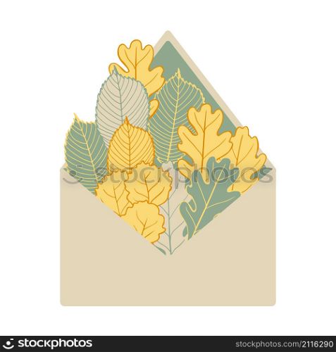 Autumn leaves in an envelope. Vector illustration. . Vector frame with autumn leaves.