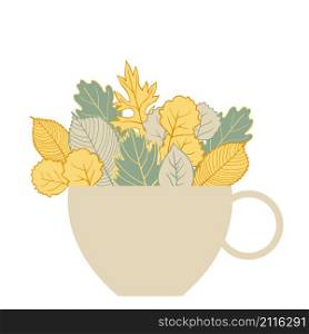 Autumn leaves in cup. Vector illustration. . Vector frame with autumn leaves.