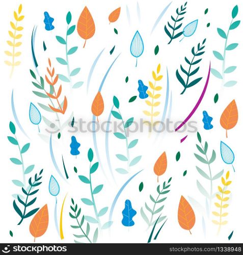 Autumn Leaves in Different Colors and Trees Seamless Pattern. Oak Leaves, Branches Flat Cartoon Vector Illustration. Eco Friendly Background on White. Fresh Foliage for Fabric, Wrapping Paper.