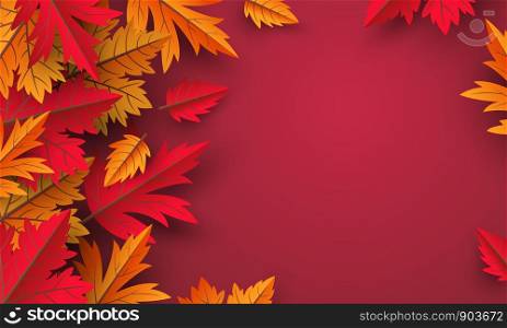 Autumn leaves on red background design with copy space vector illustration