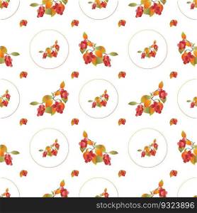 Autumn leaves pattern seamless. Abstract fall red berries and leaves in circle shapes at endless ornate backdrop. Seasonal leafage at botanical wallpaper. Vector illustration with floral texture