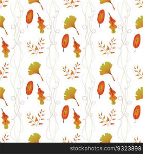 Autumn leaves pattern seamless. Abstract fall tree leaves and curls of herbs at endless ornate backdrop. Seasonal forest leafage at botanical wallpaper. Vector illustration with floral texture