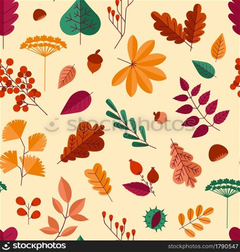 Autumn leaves pattern. Seamless texture of flying foliage. Maple and oak branches. Chestnut or rosehip berries. Red rowan and acorns. Flyer and social post background. Vector leaf fall print template. Autumn leaves pattern. Seamless texture of flying foliage. Maple and oak branches. Chestnut or rosehip berries. Rowan and acorns. Flyer and social post background. Vector leaf fall print