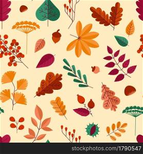 Autumn leaves pattern. Seamless texture of flying foliage. Maple and oak branches. Chestnut or rosehip berries. Red rowan and acorns. Flyer and social post background. Vector leaf fall print template. Autumn leaves pattern. Seamless texture of flying foliage. Maple and oak branches. Chestnut or rosehip berries. Rowan and acorns. Flyer and social post background. Vector leaf fall print