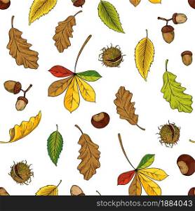 Autumn leaves pattern. Seamless texture with yellow oak and maple foliage. Red and orange chestnut tree twigs. Forest acorns. Decorative fall season herbarium background. Vector nature print template. Autumn leaves pattern. Seamless texture with yellow oak and maple foliage. Red and orange chestnut twigs. Forest acorns. Decorative fall season herbarium background. Vector nature print