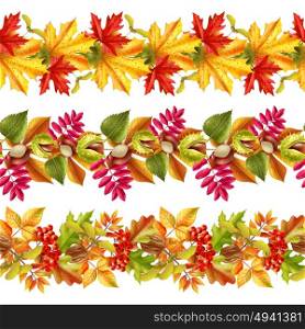 Autumn Leaves Seamless Border. Seamless borders with bright autumn leaves chestnuts and rowan on white background flat vector illustration