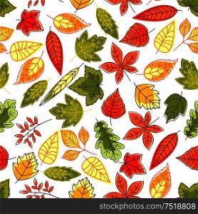 Autumn leaves seamless pattern background. Brush painted september school time wallpaper illustration. Tablecloth print design. Foliage elements of oak, maple, birch, aspen, chestnut, elm, poplar. Autumn leaves pattern seamless background