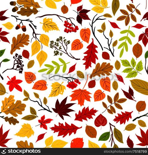 Autumn leaves seamless pattern background. Vector leaf and stem elements. Tree seeds and fruits. Foliage of oak, maple, birch, aspen, chestnut, elm, poplar, rowanberry acorn. Autumn leaves seamless pattern background.