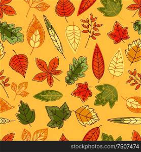 Autumn leaves seamless pattern with colorful red, yellow, orange and green outline herbs and leaves. Colorful autumn leaves seamless pattern