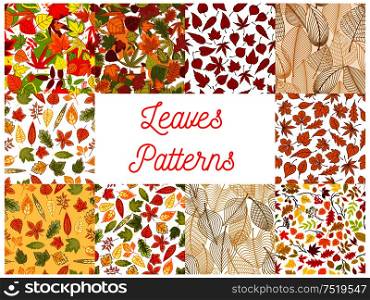 Autumn leaves seamless patterns with set of autumnal backgrounds with yellow and orange fallen leaves, tree branches, acorns and rowanberry fruits. Autumn fallen leaves seamless patterns set