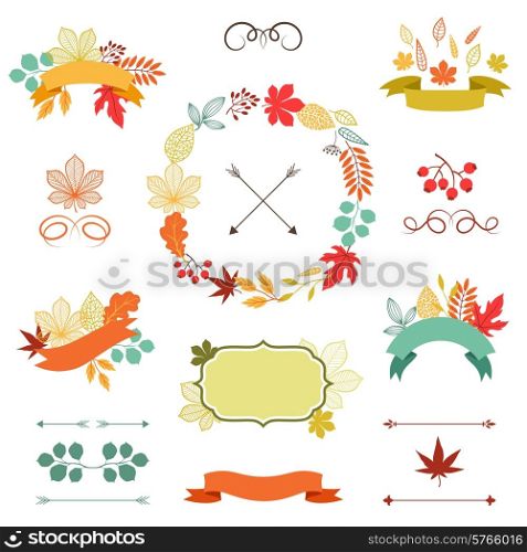 Autumn leaves set of wreath, ribbons and labels.