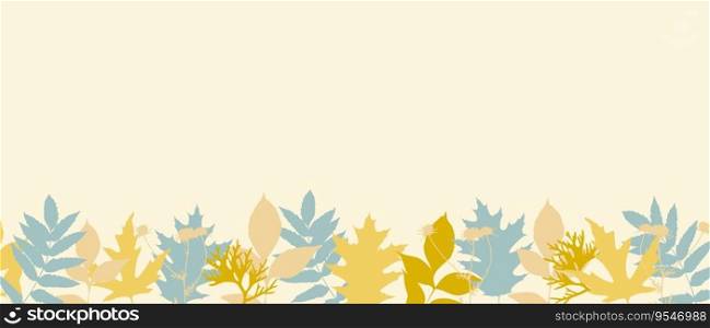 Autumn leaves silhouette border pastel colors. Horizontal botanical decor, nature banner.