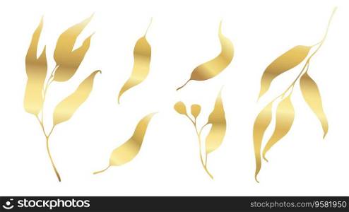 Autumn leaves silhouette with gold gradient. Eucalyptus branches with long leaves and seeds. Vector botanical designs elements collection on white background.