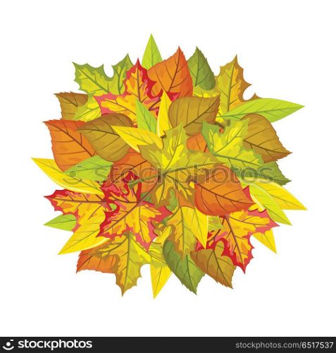 Autumn leaves vector concept. Flat design. Ball from colored leaves of maple, willow, linden trees, white free space around. For photo decoration, nature concept, seasonal promotion and ad design. Autumn Leaves Vector Concept in Flat Design . Autumn Leaves Vector Concept in Flat Design