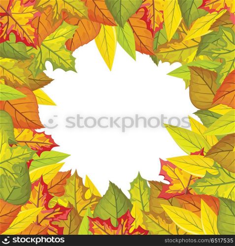 Autumn leaves vector frame. Flat style. Colored leaves of variety trees in circle with free white space in the centre. For photo decoration, nature concept, seasonal promotion and ad design. Autumn Leaves Vector Frame in Flat Design . Autumn Leaves Vector Frame in Flat Design