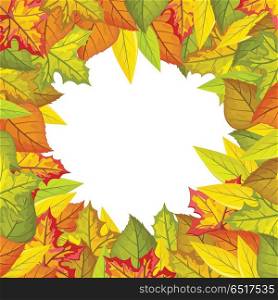 Autumn leaves vector frame. Flat style. Colored leaves of variety trees in circle with free white space in the centre. For photo decoration, nature concept, seasonal promotion and ad design. Autumn Leaves Vector Frame in Flat Design . Autumn Leaves Vector Frame in Flat Design