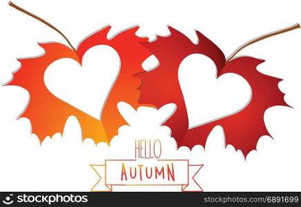 Autumn leaves with hearts isolated on white background