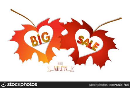 Autumn leaves with hearts isolated on white background