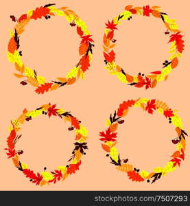 Autumn leaves wreaths or frames decorated by forest acorns, leaves, viburnum fruit bunches and dry herb sprigs on background. Autumnal leaves wreaths or frames