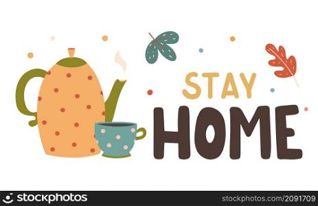 Autumn love colorful lettering composition with teapot and mug vector flat illustration. Cozy hand drawn composition. Autumn love colorful lettering composition with teapot and mug vector flat illustration.