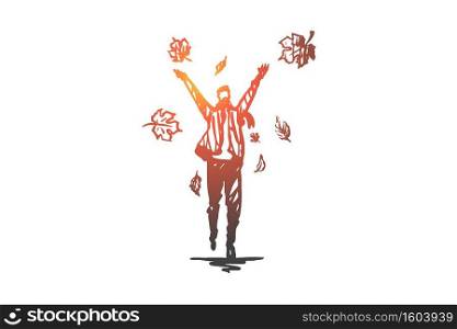 Autumn, man, fall, leaf, season concept. Hand drawn man walking in time of leaf fall concept sketch. Isolated vector illustration.. Autumn, man, fall, leaf, season concept. Hand drawn isolated vector.