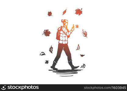 Autumn, man, fall, walking, season concept. Hand drawn man walking with a smartphone under leaf fall concept sketch. Isolated vector illustration.. Autumn, man, fall, walking, season concept. Hand drawn isolated vector.
