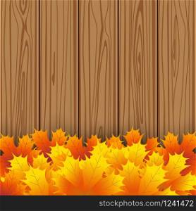 Autumn maple leaf on wooden boards background. Background for banner, vector illustration. Autumn maple leaf on wooden boards background