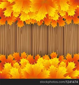 Autumn maple leaf on wooden boards background. Background for banner, vector illustration. Autumn maple leaf on wooden boards background