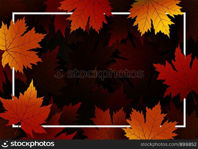 Autumn maple leaves background with line frame vector illustration