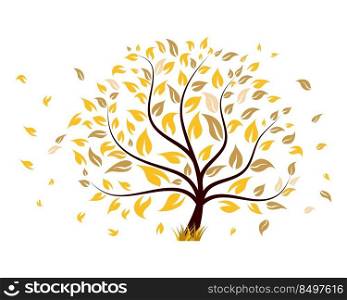Autumn Maple Tree With Falling Leaves on White Background. Elegant Design with Ideal Balanced Colors. Vector Illustration.
