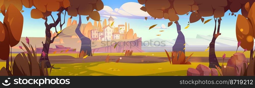 Autumn mediterranean landscape with city on island in sea harbor, trees with orange leaves and mountains on horizon. Vector cartoon illustration of fall scene with forest and town on lake coast. Autumn mediterranean landscape with city on island