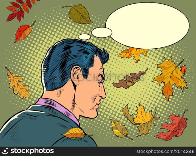 Autumn melancholy. A sad businessman reflects. An emotional moment at work. Loneliness and stress. Pop Art Retro Vector Illustration Kitf Vintage 50s 60s Style. Autumn melancholy. A sad businessman reflects. An emotional moment at work. Loneliness and stress